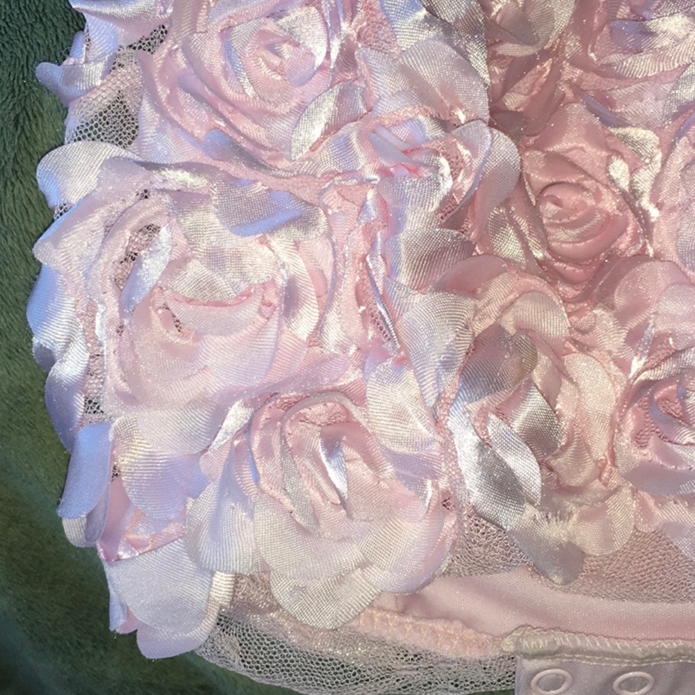 Pink Baby dress, 6-9 Month, rosette petals, Soft,nylon,bottom snaps. washable. - Picture 3 of 11